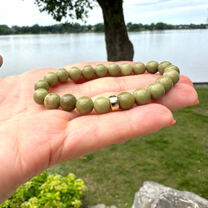 Genuine Beaded Olive Green Jasper Stretchy Bracelet in 6 or 8mm, Gold Filled, 7"inches