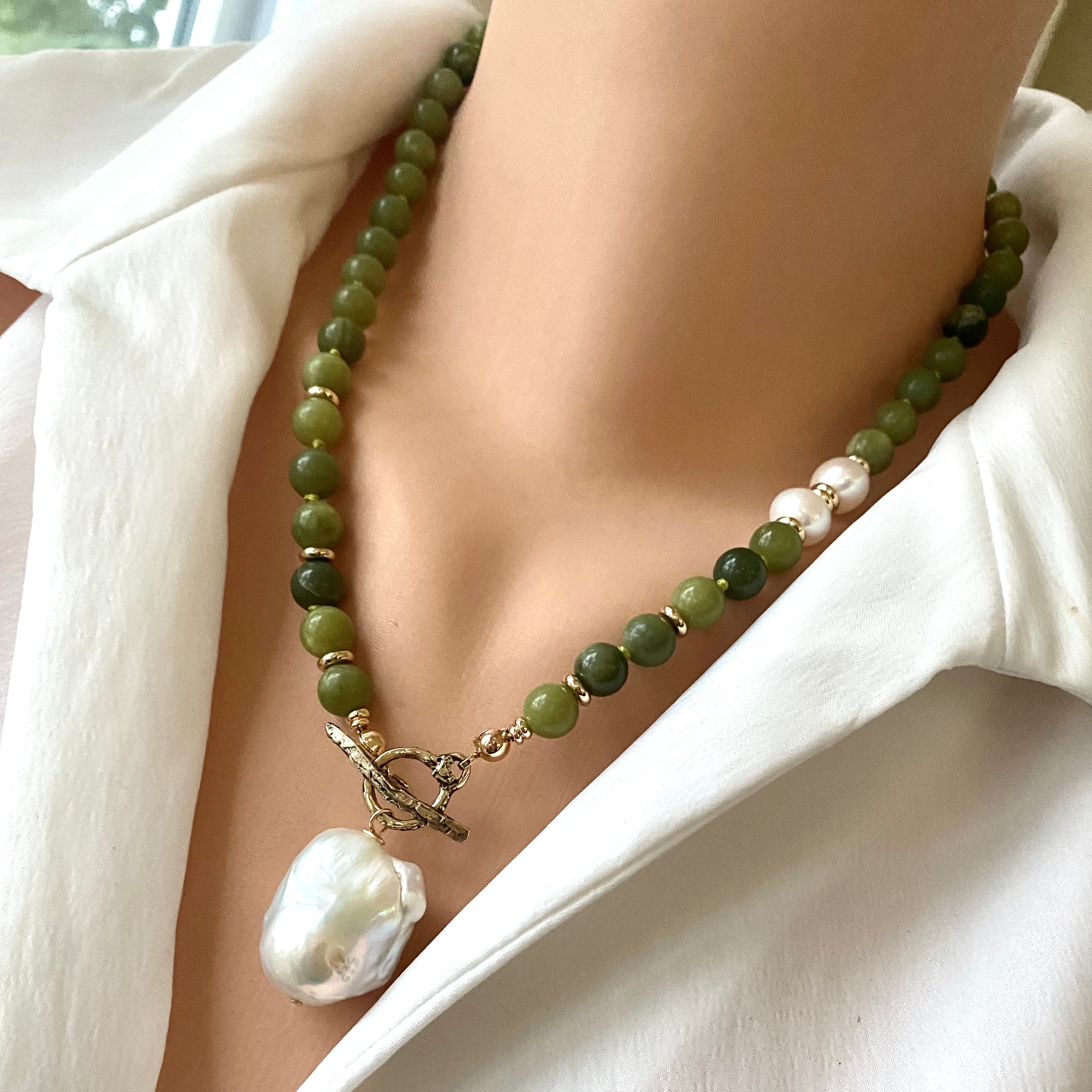 Green Canadian Jade Tube Beads Necklace w Gold Vermeil Plated Silver & –  Loulia Pearl Jewelry