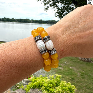 Yellow Jade Beads & Freshwater Pearl Stretch Bracelet with Sparkly Rhinestones, Gunmetal Plated,7"