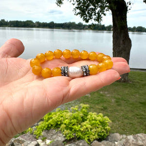 Yellow Jade Beads & Freshwater Pearl Stretch Bracelet with Sparkly Rhinestones, Gunmetal Plated,7"