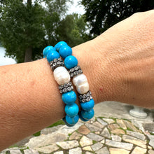 Load image into Gallery viewer, Turquoise Howlite Beads &amp; Freshwater Pearl Stretch Bracelet, Sparkly Rhinestones, Gunmetal Plated, 7&quot;inches
