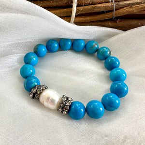 Turquoise Howlite Beads & Freshwater Pearl Stretch Bracelet, Sparkly Rhinestones, Gunmetal Plated, 7"inches