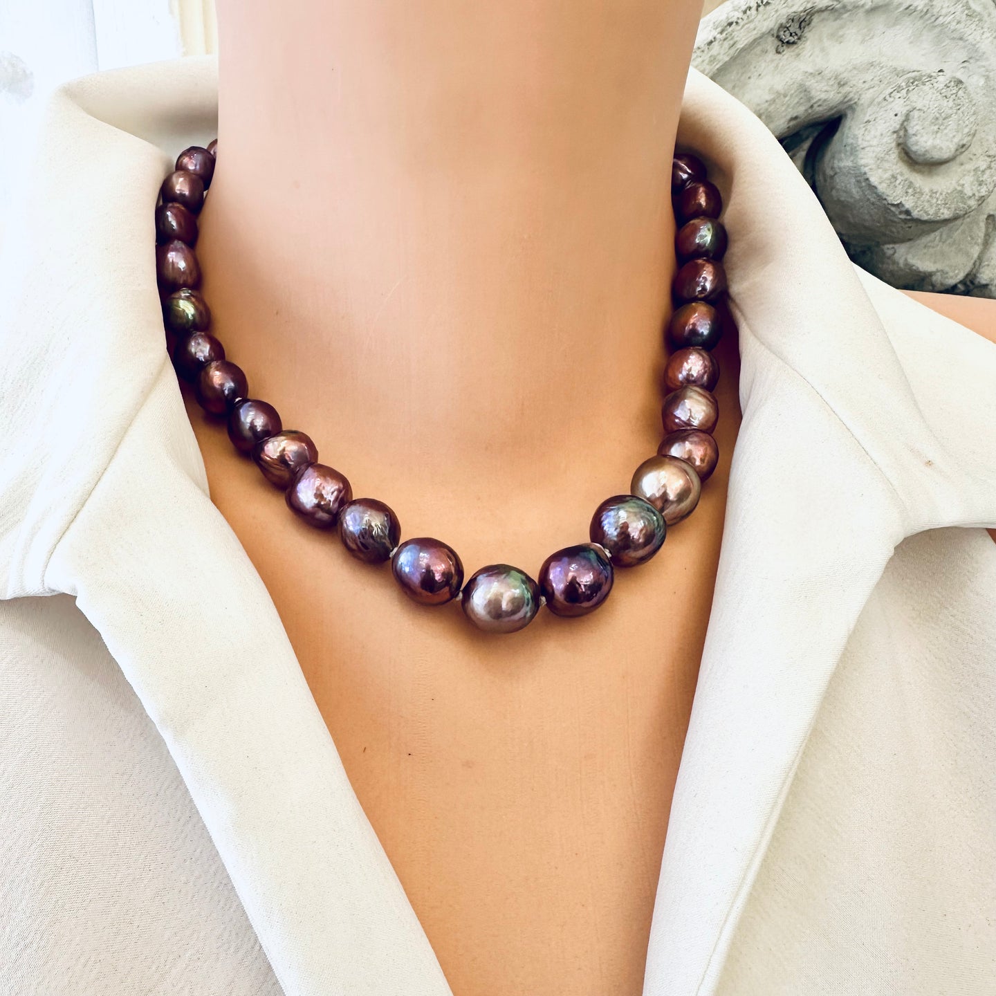 Spectacular Purple Edison Baroque Pearl Necklace with Vermeil Gold Plated Silver Marine Clasp Accent, 17.5