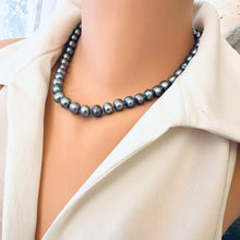 Load image into Gallery viewer, Timeless Elegance: Grey Freshwater Pearl Necklace, Gold Plated Magnetic Clasp, Peacock Gray Pearls, 16.5&quot;inches
