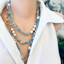 Carica l&#39;immagine nel visualizzatore di Gallery, Baroque Blue Aquamarine &amp; Freshwater Pearl Necklace, 65&quot;in Long Layered Necklace, Gold Plated
