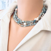 Carica l&#39;immagine nel visualizzatore di Gallery, Baroque Blue Aquamarine &amp; Freshwater Pearl Necklace, 65&quot;in Long Layered Necklace, Gold Plated
