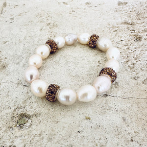 Freshwater Pearl Stretch Bracelet & Golden Polymer Clay Rhinestones Paved