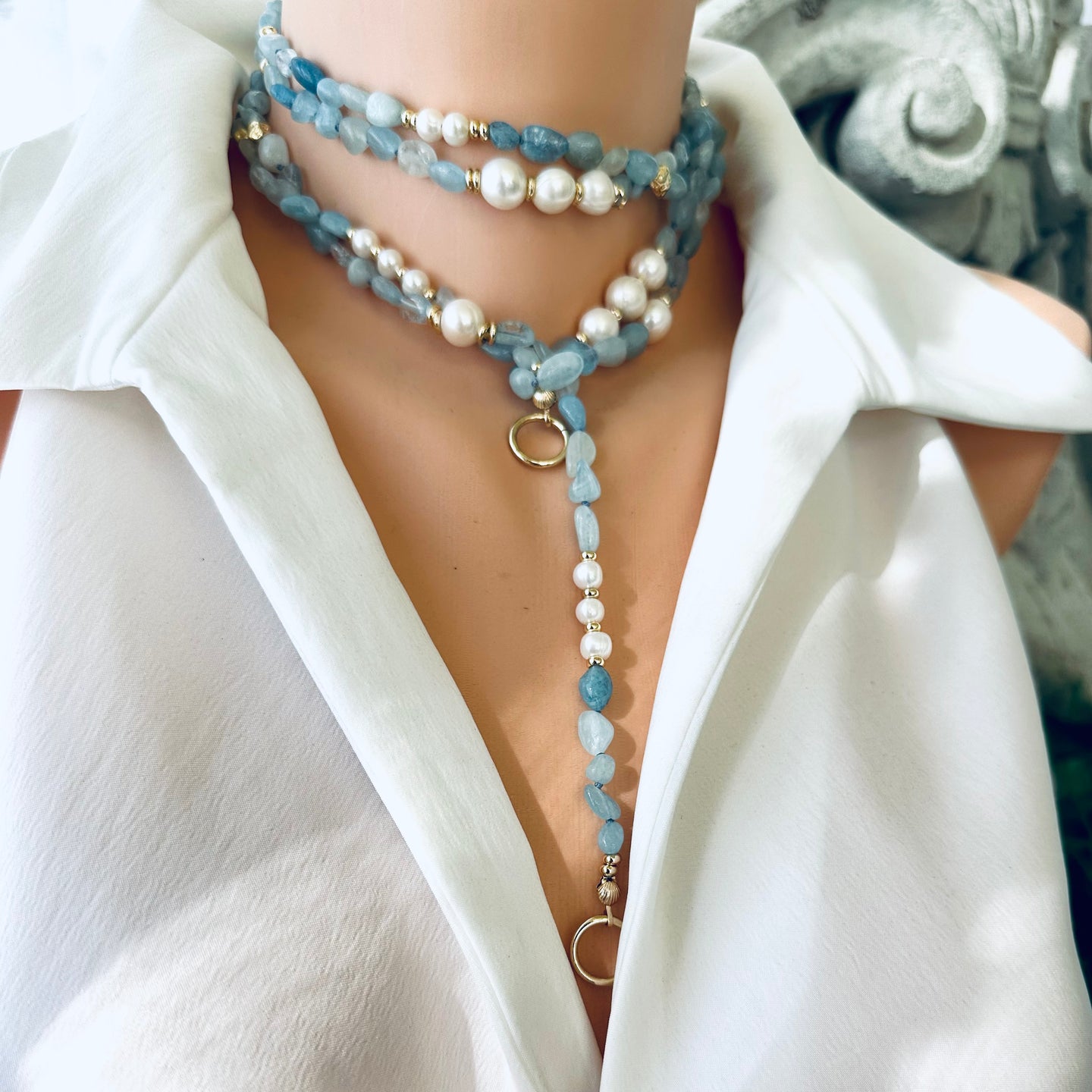 Baroque Blue Aquamarine & Freshwater Pearl Necklace, 65