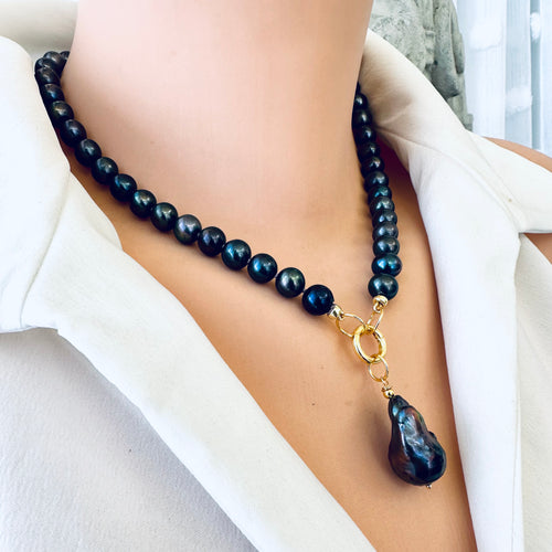 Black Pearl Necklace with Removable Black Baroque Pearl Pendant, Gold Vermeil Plated Silver,17.5