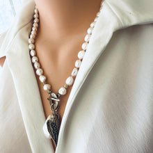 Load image into Gallery viewer, Freshwater Pearl Toggle Necklace with Baroque Pearl &amp; Artisan Gold Bronze Stitched Heart Pendants, 21 in
