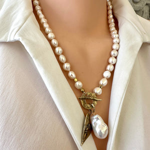 Freshwater Pearl Toggle Necklace with Baroque Pearl & Artisan Gold Bronze Stitched Heart Pendants, 21 in