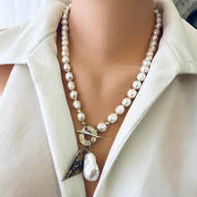 Load image into Gallery viewer, Freshwater Pearl Toggle Necklace with Baroque Pearl &amp; Artisan Gold Bronze Stitched Heart Pendants, 21 in
