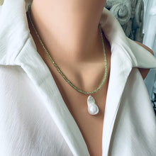 Load image into Gallery viewer, Faceted peridot bead chain necklace with a baroque pearl pendant, featuring a green design perfect for August birthstone jewelry. This 18.5-inch gold-filled necklace is an elegant birthday gift for her.
