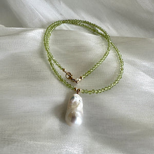 Peridot & Baroque Pearl Pendant Necklace, August Birthstone, Gold Filled, 18.5"inches