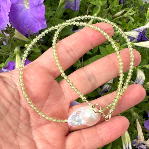 Peridot & Baroque Pearl Necklace, Peridot Jewelry, August Birthstone, Gold Filled 