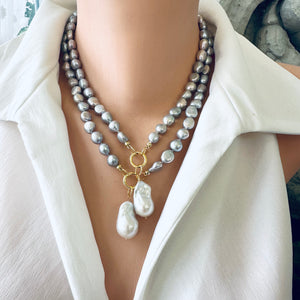 Grey Freshwater Pearl Necklace with White Baroque Pearl Removable Pendant & Push Lock Closure, Gold Vermeil Details, 18-19"in