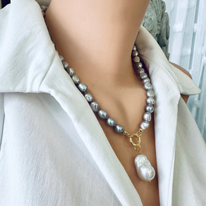 Grey Freshwater Pearl Necklace with White Baroque Pearl Removable Pendant & Push Lock Closure, Gold Vermeil Details, 18-19"in