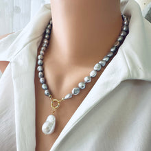 Load image into Gallery viewer, Grey Freshwater Pearl Necklace with White Baroque Pearl Removable Pendant &amp; Push Lock Closure, Gold Vermeil Details, 18-19&quot;in
