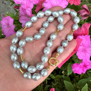 Grey Pearl Necklace with Gold Vermeil Silver Plated Details, 19.5"inches