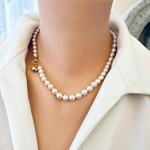 Classic White Pearl Necklace 7-8 mm, Real Freshwater Pearl  Necklace For Women, Gold Vermeil Plated Silver Heart Charm, 18"in