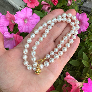 Classic White Pearl Necklace 7-8 mm, Real Freshwater Pearl  Necklace For Women, Gold Vermeil Plated Silver Heart Charm, 18"in