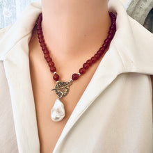 Cargar imagen en el visor de la galería, Red Agate Toggle Necklace and Baroque Pearl Pendant, Gold Filled &amp; Gold Bronze Details, 18.5&quot;inches
