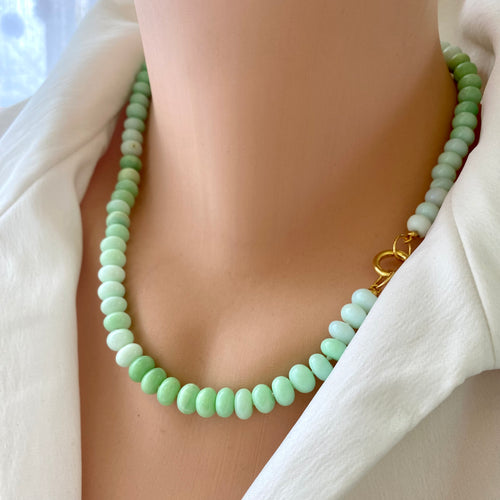 Bright green  opal candy necklace with gold vermeil plated sterling silver push lock closure, allowing you to add any pendant, measuring 18.5-19 inches. This modern opal jewelry piece features soft parrot green tones and is a perfect gift for her.