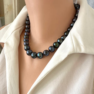 Black Pearl Chunky Necklace with Rhodium Plated Silver Closure, Peacock Pearls, 18"inches