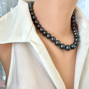 Black Pearl Chunky Necklace with Rhodium Plated Silver Closure, Peacock Pearls, 18"inches