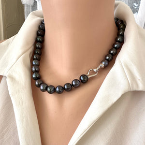 Black Pearl Chunky Necklace with Rhodium Plated Silver Closure, Peacock Pearls, 18"inches