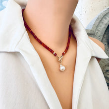 Load image into Gallery viewer, Carnelian Toggle Necklace with Baroque Pearl Pendant, Gold Plated, Gemstone Beaded Choker Necklace,16.5&quot;inch
