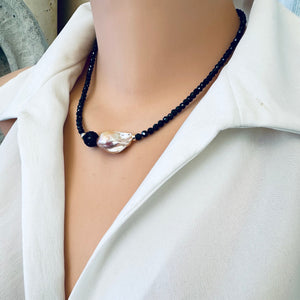 Sparkly necklace made from faceted black spinel 4mm beads and golden pink freshwater baroque pearl in the middle. Adorned with gold filled details and black rhinestones disco bead. This elegant necklace will beautifully compliment any outfit.
measures 17.5"