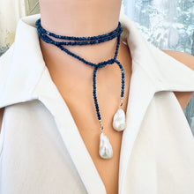 Charger l&#39;image dans la galerie, Single Strand of Blue Sodalite faceted Beads 3mm &amp; Two white Baroque Pearls Lariat Wrap Necklace, 47&quot;inches long
