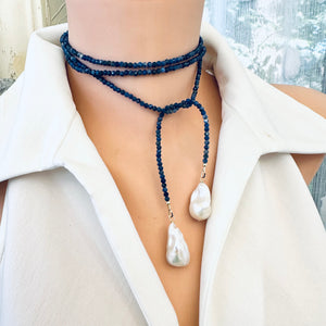 Single Strand of Blue Sodalite faceted Beads 3mm & Two white Baroque Pearls Lariat Wrap Necklace, 47"inches long