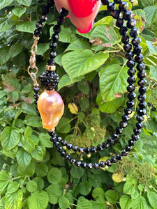 Festive Black Spinel and Golden Pink Baroque Pearl Beaded Necklace with Gold Filled Details, 17.5"in