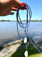 Charger l&#39;image dans la galerie, Single Strand of Blue Sodalite faceted Beads 3mm &amp; one white Baroque Pearl on each end. Versatile Lariat Wrap Necklace, 47&quot;inches long
