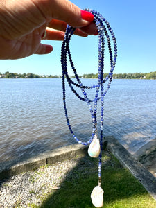 Single Strand of Blue Sodalite faceted Beads 3mm & one white Baroque Pearl on each end. Versatile Lariat Wrap Necklace, 47"inches long