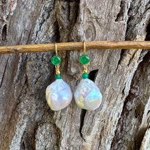 Load image into Gallery viewer, White Baroque Pearl Drop Earrings with Emerald Green Agate Accent, Gold Vermeil Plated Silver
