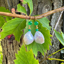 Load image into Gallery viewer, White Baroque Pearl Drop Earrings with Emerald Green Agate Accent, Gold Vermeil Plated Silver
