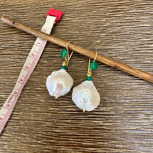 White Baroque Pearl Drop Earrings with Emerald Green Agate Accent, Gold Vermeil Plated Silver