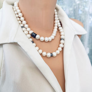 White Pearls Necklace w Zircons Pave Rondelle, Gunmetal Over Sterling Silver, 20"in