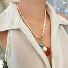 Load image into Gallery viewer, Hand Knotted Freshwater Pearl Necklace with Baroque Pearl &amp; Red Coral Pendants | Turquoise Charm | Summer Jewelry | Silver Details | 18.5&quot;
