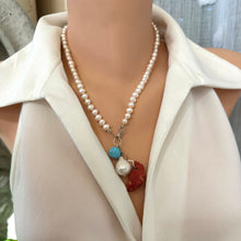 Load image into Gallery viewer, Hand Knotted Freshwater Pearl Necklace with Baroque Pearl &amp; Red Coral Pendants | Turquoise Charm | Summer Jewelry | Silver Details | 18.5&quot;
