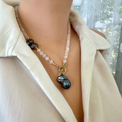 White moonstone bead necklace with 6mm beads, featuring a side black peacock pearl and a baroque pearl pendant, accented with a gold bronze artisan toggle and gold-filled details. This 18-inch necklace is an elegant June birthstone gift for her.