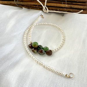 Double Wrap Freshwater Pearl Bracelet with Green Chrysoprase Briolettes, Gold Filled