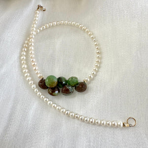 Double Wrap Freshwater Pearl Bracelet with Green Chrysoprase Briolettes, Gold Filled