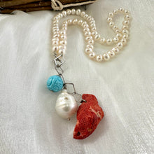 Load image into Gallery viewer, Hand Knotted Freshwater Pearl Necklace with Baroque Pearl &amp; Red Coral Pendants | Turquoise Charm | Summer Jewelry | Silver Details | 18.5&quot;
