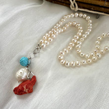 Load image into Gallery viewer, Hand Knotted Freshwater Pearl Necklace with Baroque Pearl &amp; Red Coral Pendants | Turquoise Charm | Summer Jewelry | Silver Details | 18.5&quot;
