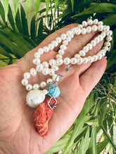 Load image into Gallery viewer, Hand Knotted Freshwater Pearl Necklace with Baroque Pearl &amp; Red Coral Pendants | Turquoise Charm | Summer Jewelry | Silver Details | 18.5&quot;
