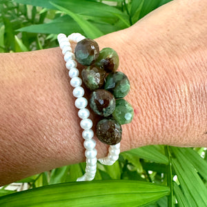 Double Wrap Freshwater Pearl Bracelet with Green Chrysoprase Briolettes, Gold Filled